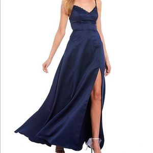 Sleeveless Lace-Bra-Back Side Slit A-Line Satin Long Dress